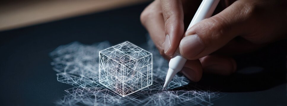Digital design, hand drawing a 3D cube