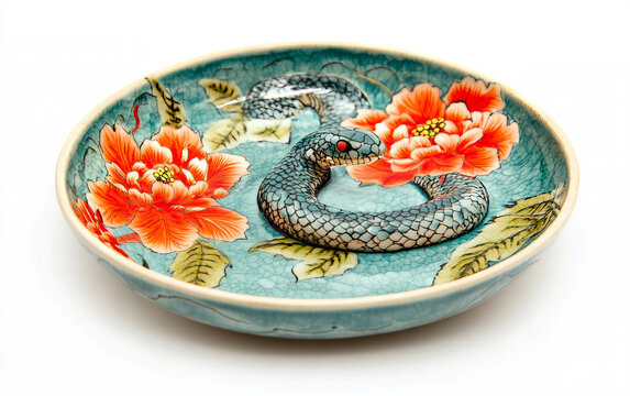 Exquisite Tet ceramic plate adorned with a snake and cultural motifs. Generative AI.