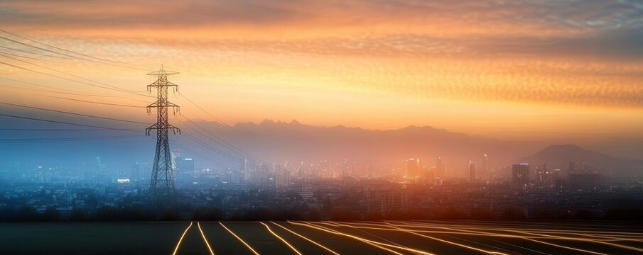 Smart grid-connected high power electricity poles enhancing urban energy distribution at sunset