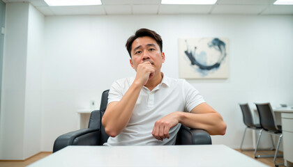 Obraz premium Young Asian man sitting thoughtfully in modern office environment 