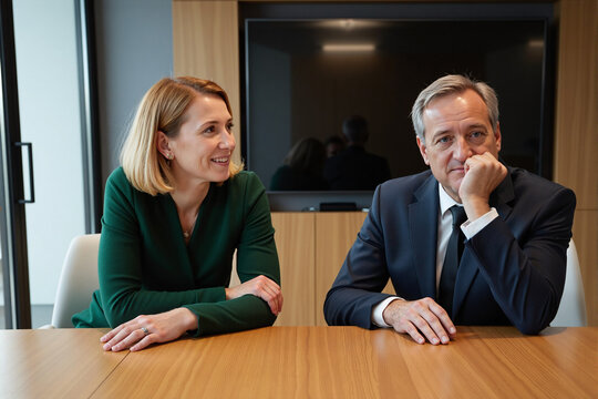 Two business colleagues in a meeting, a woman smiling and engaging with her pensive male counterpart who looks thoughtful or bored during a corporate presentation