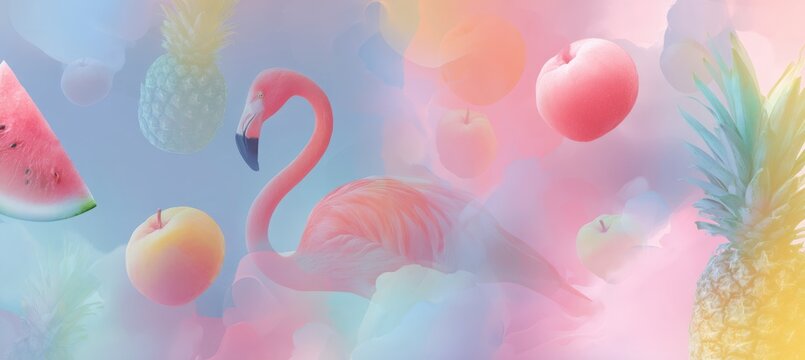 Dreamy Summer Background with Floating Flamingo, Watermelon, and Pineapple Shapes