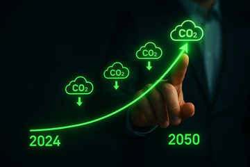 Human finger points to a rising graph of co2 emissions from 2024 to 2050
