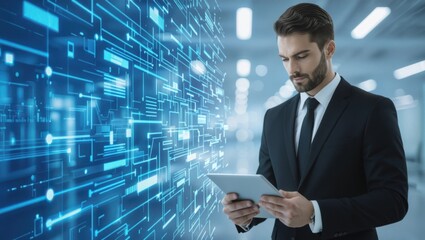 Focused businessman in a suit uses a tablet against a backdrop of a glowing blue digital network interface