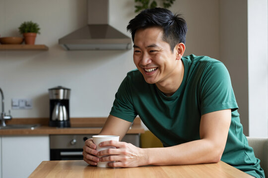 Happy smiling asian man in a casual green t-shirt relaxing at home, sitting at his kitchen table and enjoying a morning coffee or tea from a mug with a cheerful expression