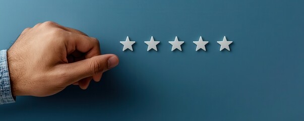 Choosing five stars in a glowing rating interface on a blue background for customer feedback and service