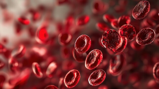 Close-up view of red blood cells flowing through a stream under a microscope highlighting their dynamic motion