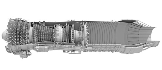 Cutaway Turbofan Aircraft Engine Sectioned in Clay Style Render on White Background 3D Rendering