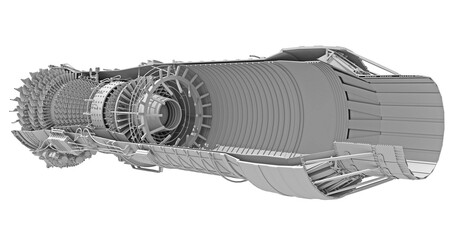 Cutaway Turbofan Aircraft Engine Sectioned in Clay Style Render on White Background 3D Rendering