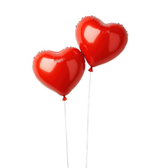 Two shiny red heart shaped balloons floating together isolated on transparent background