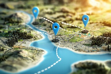 Mapping a complete route with markers on a detailed terrain map showcasing land and water features