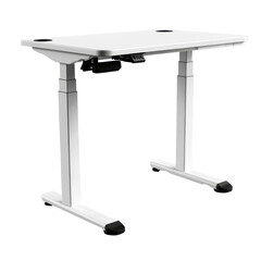 Electric adjustable dual-motor desk frame without top, showing mechanisms and design on transparent background