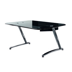 Elegant glass L-shape office desk with curved corner and chrome legs, premium executive style on transparent background