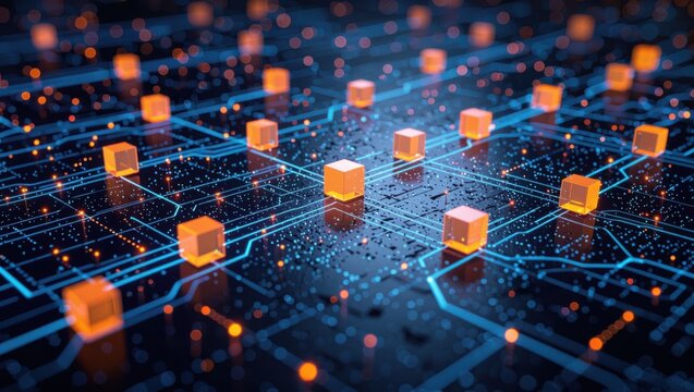 Abstract digital network with glowing orange cubes on a blue circuit board background