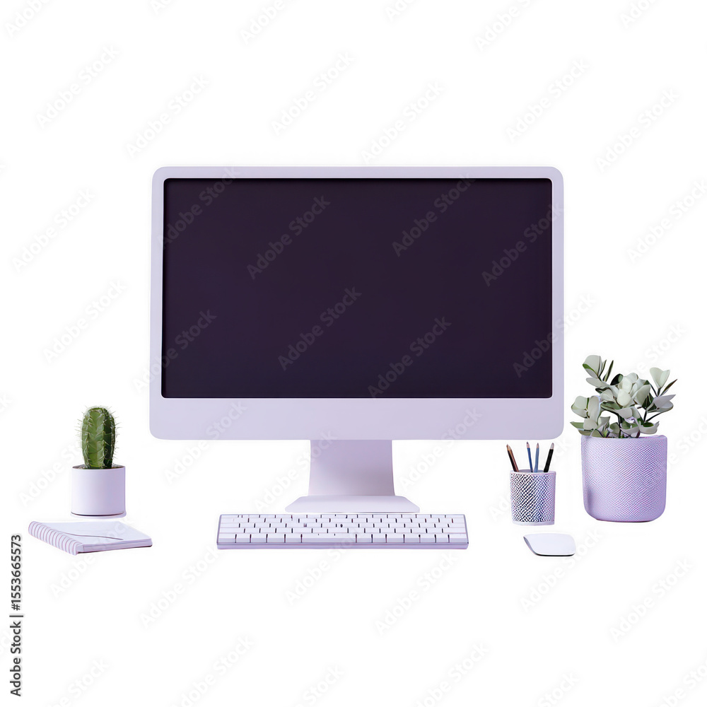 Fototapete modern desktop computer setup with keyboard mouse plants and notebook isolated on transparent backgr