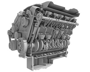 V12 Cutaway Car Engine Sectioned in Clay Style Render on White Background 3D Rendering