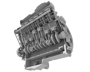 V12 Cutaway Car Engine Sectioned in Clay Style Render on White Background 3D Rendering