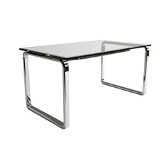 L-shaped glass-top desk with silver frame and no objects, sleek and modern design on transparent background