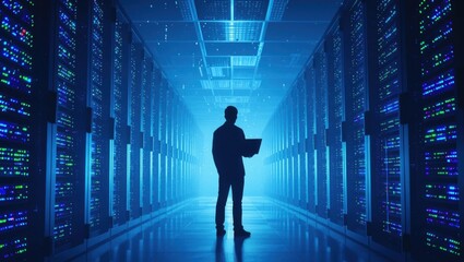 Silhouette of a person holding a laptop standing in a brightly lit futuristic server room with rows of glowing computer racks