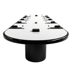 Large oval conference table for team presentations, clean surface with microphones and screens on transparent background