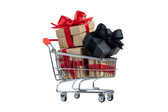 Gifts in a shopping cart, online shopping concept