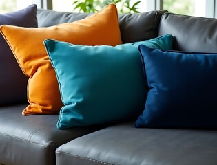 Three colorful pillows rest on a gray leather sofa in a modern living room