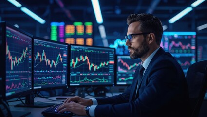 Focused businessman analyzing stock market data on multiple computer monitors in a modern trading room