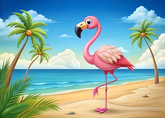 Cartoon flamingo standing on a tropical beach with palm trees