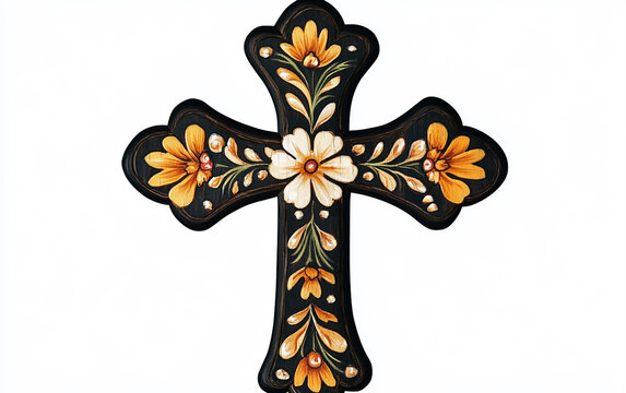 Beautifully crafted wooden Orthodox cross featuring floral artistic designs. Generative AI.