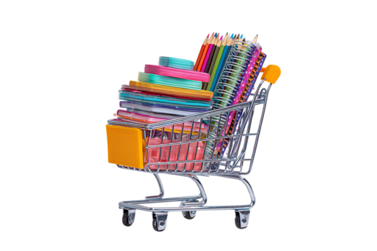 Mini shopping cart filled with colorful stationery.
