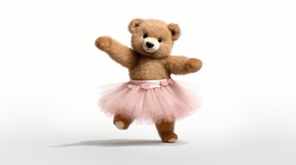 Adorable Jointed Teddy Bear Dressed in a Cute Pink Tutu Standing on a White Background