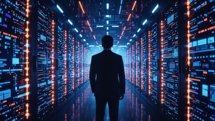 Man in suit stands in futuristic server room amidst glowing blue and orange data lights