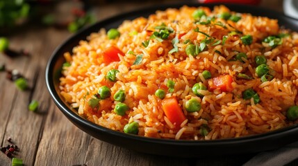 savory essence of Kimchi fried rice on a wooden table the dish from a side view, focusing on the medley of colorful vegetables, aromatic rice, and the tantalizing blend of flavors