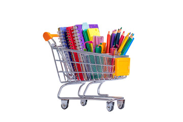 Colorful stationery in a miniature shopping cart. Back to school concept.