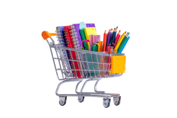Colorful stationery in a miniature shopping cart. Back to school concept.