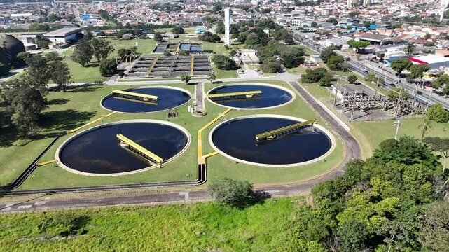 Aerial drone video 4k view of activated sludge cleaning process in an industrial wastewater treatment plant