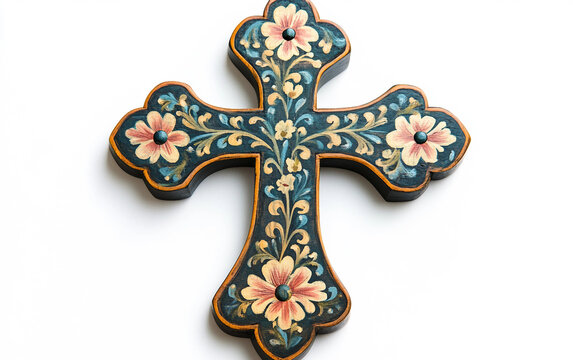 Stunning wooden Orthodox cross featuring elegant hand-painted floral details. Generative AI.