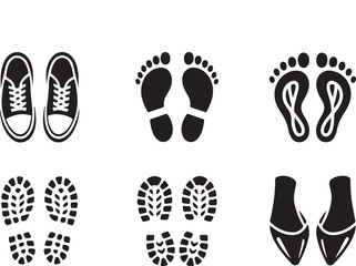 Collection of black and white shoe and footprint icons on a plain white background