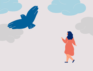 girl striving for personal growth or freedom. Flying bird as a symbol of Dreams and hopes for young woman. ambition, independence, female rights concept, vector illustration