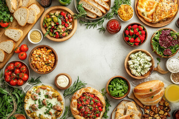 Assorted vegan dishes and fresh vegetables on rustic table – vegan food