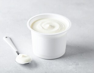 White plastic cup brimming with creamy yogurt sits on a plain gray counter with a metal spoon full of the same rich white product.