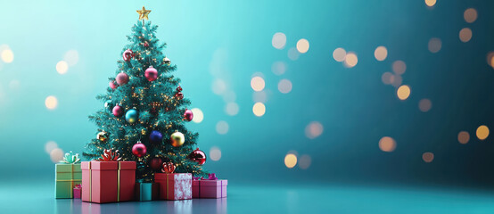 Decorated christmas tree with wrapped gifts against turquoise background