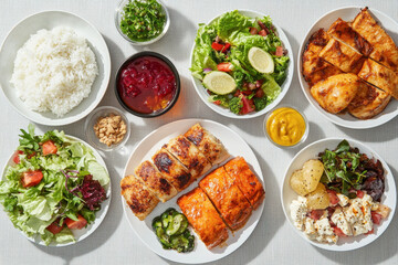 Assorted grilled plant-based dishes with fresh salads and rice
