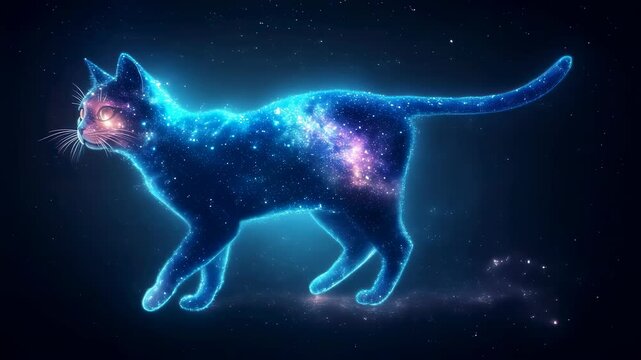 Cosmic cat strides through outer space with neon glow and starry elegance