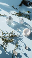 Glass skincare containers and seaweed leaves on glossy blue – daily seaweed facial mask