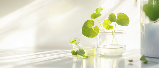 Glass container with fresh Centella Asiatica on white surface
