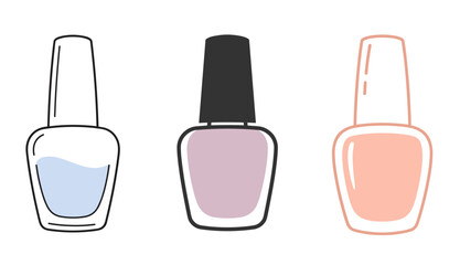 Nail polish bottle icon set in minimal line and color styles