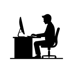 A black and white silhouette of a businessman seated at a desk, working on a computer.
