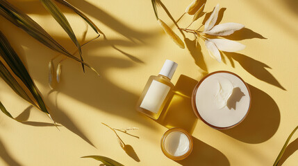Cream jars and dropper bottle with leaves on yellow background – daily seaweed facial mask