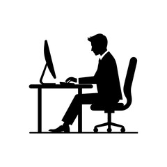 A black and white silhouette of a businessman seated at a desk, working on a computer.